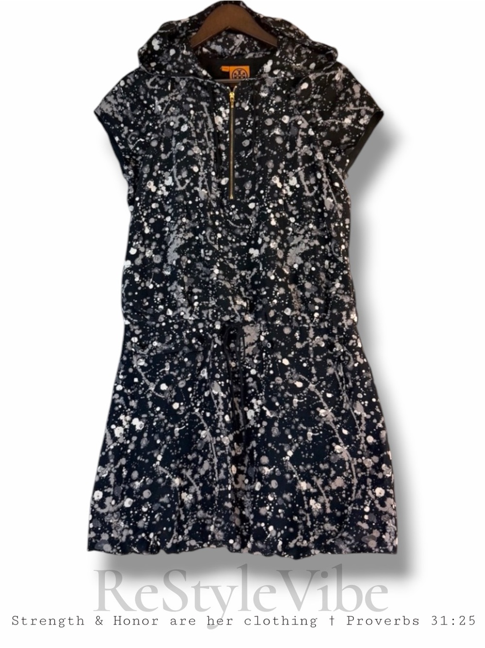 TORY BURCH Women’s Size 6 Dress Mini 100% Silk Drawstring Waist Hooded Splatter